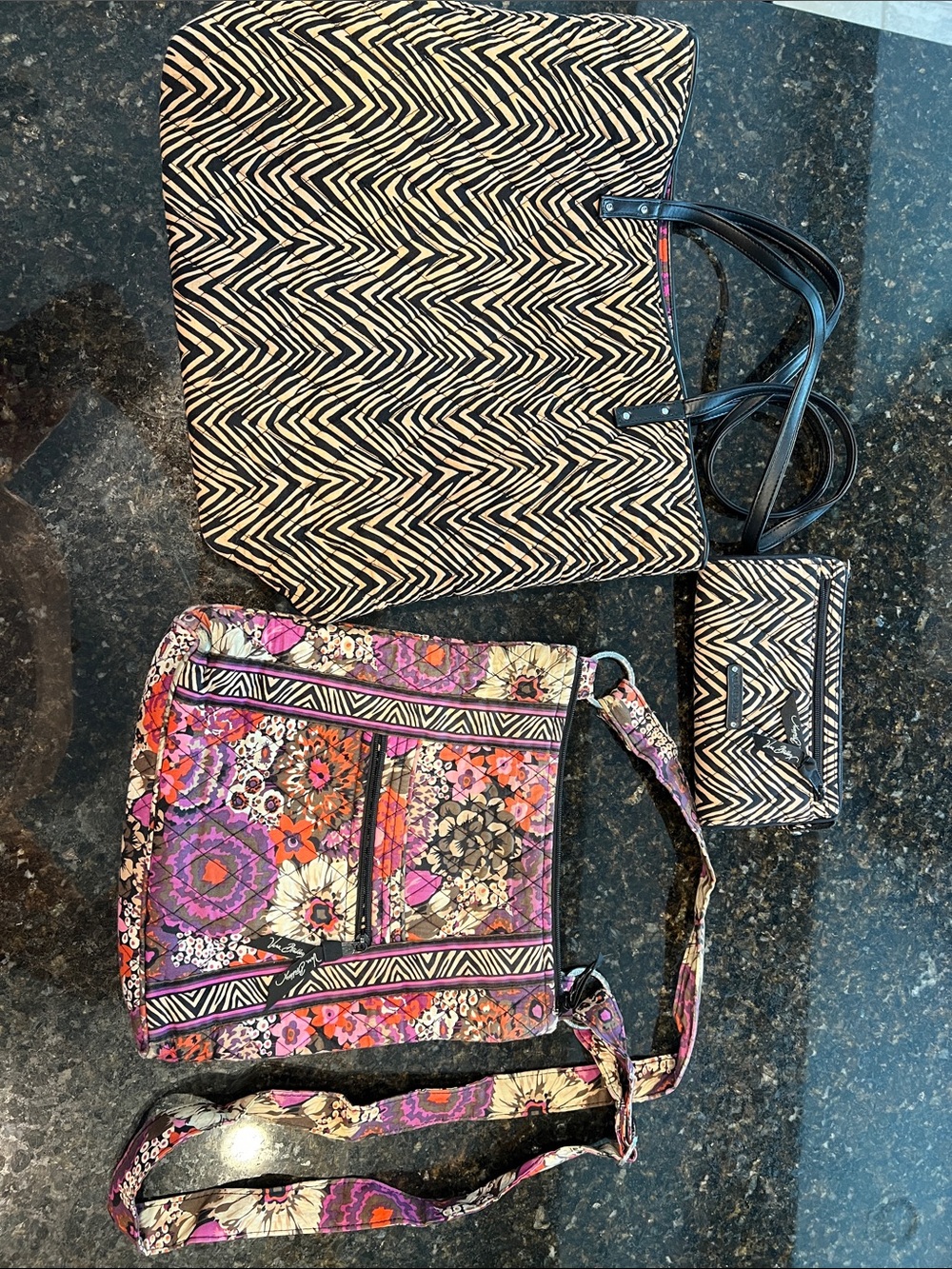 Vera Bradley Black Zigzag Tote with Purple & Pink Floral Crossbody Set